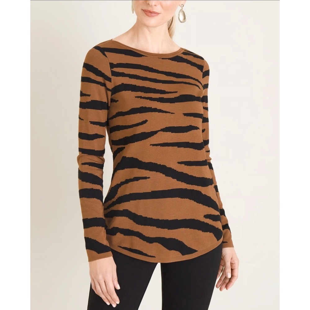 NWOT Chicos Tiger Print Long Sleeve Sweater Top Brown Black Size 2 L